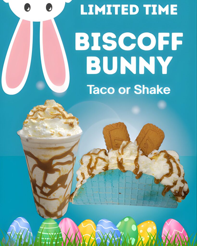 A festive promotional graphic for a "Biscoff Bunny" limited-time treat, featuring a blue-shelled rolled ice cream taco and a matching milkshake, both drizzled with caramel and topped with Biscoff cookies against a bright teal background with Easter eggs and bunny ears.