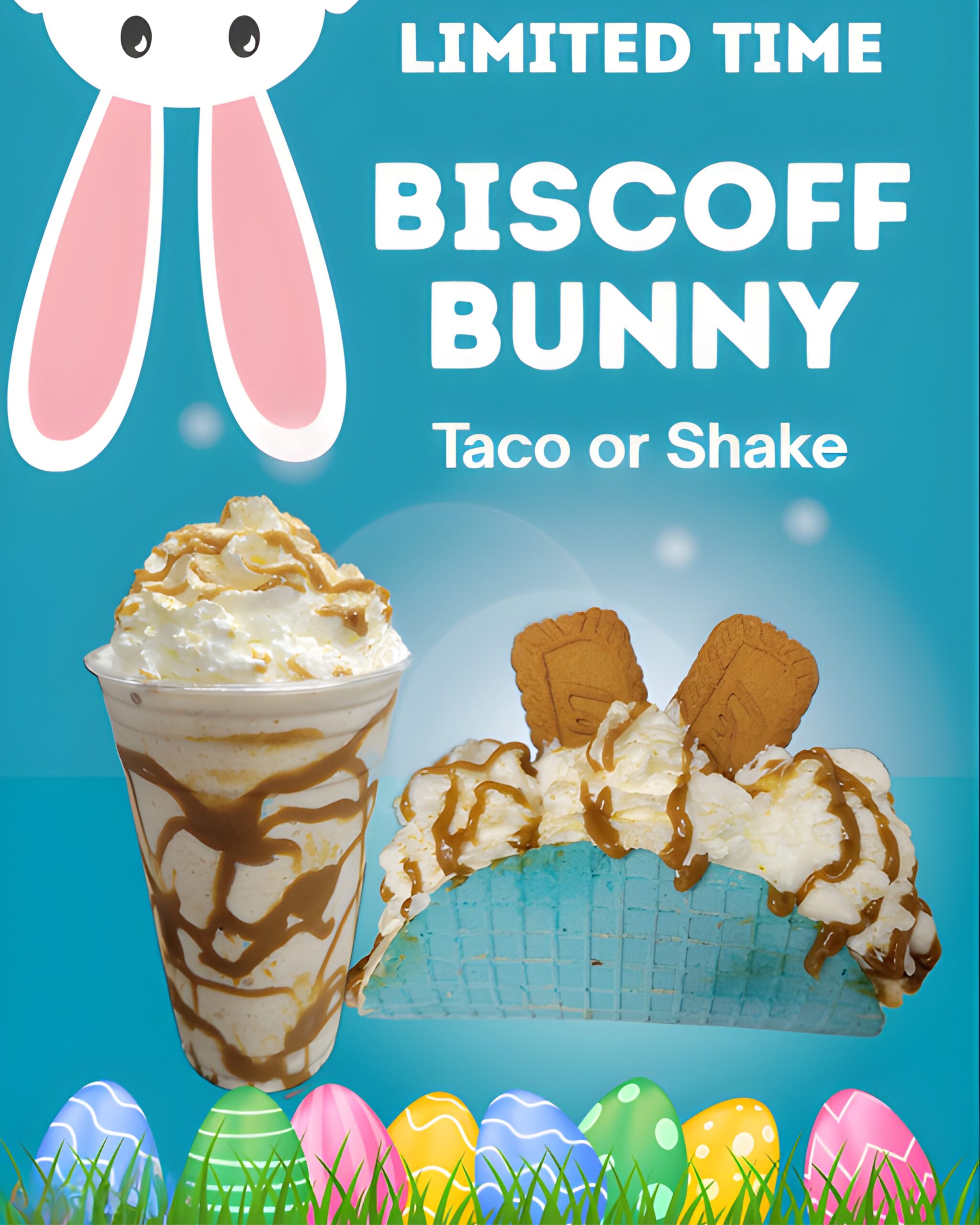 A festive promotional graphic for a "Biscoff Bunny" limited-time treat, featuring a blue-shelled rolled ice cream taco and a matching milkshake, both drizzled with caramel and topped with Biscoff cookies against a bright teal background with Easter eggs and bunny ears.